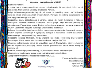 Podziękowania dla Nauczycieli, Uczniów, Pracowników, Rodziców i Darczyńców za pomoc i zaangażowanie w WOŚP