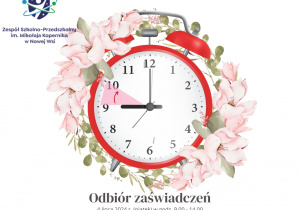 Grafika z zegarem informującym o terminie odbioru wyników z egzaminu ósmoklasisty